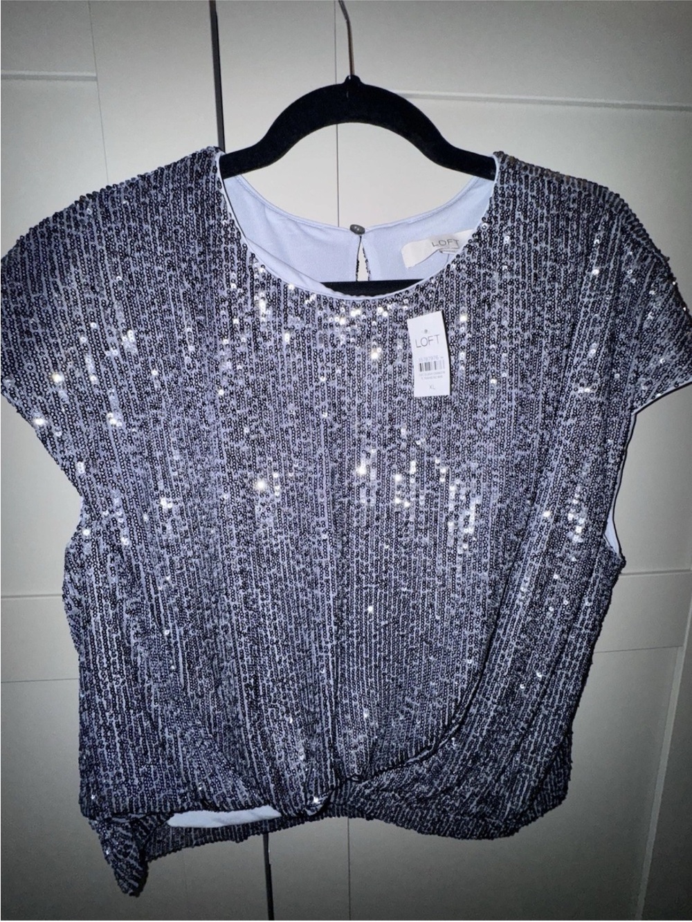 LOFT Silver Sequin Cap Sleeve Crop Top